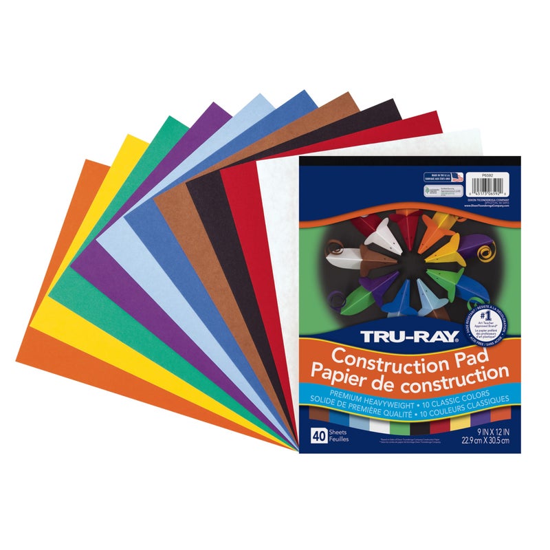 TRU-RAY دفتر ورق بناء ثقيل Tru-RayÂ®، 10 ألوان متنوعة، 9" × 12"، 40 ورقة - Image 1